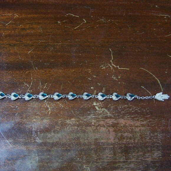 Chinese Ethnic Silver Fashion Bracelet with Hand and Green Glass Gems - Picture 2 of 3